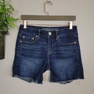 Y2K American Eagle Vintage Midi Dark Wash Mid Rise Cutoff Frayed Jean Shorts 0